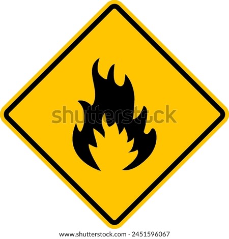 Flammable sign. Caution flammable substances. Yellow diamond shaped warning road sign. Diamond road sign. Rhombus road sign.