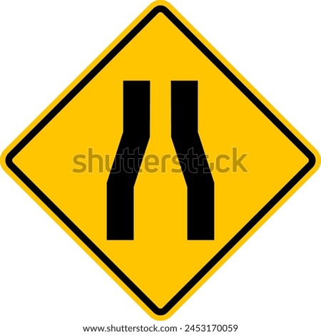 Road narrowing sign. Yellow diamond shaped warning road sign. Diamond road sign. Rhombus road sign. Street narrowing.