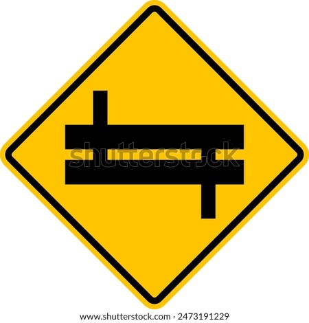 Unregulated intersection with an adjacent road. On both sides. Road merge sign. Road junction. A junction where one street or road intersects another. Warning diamond sign.