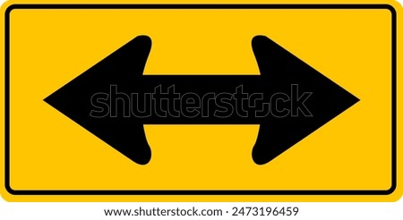 Road sign double arrow. Traffic is only allowed to move left or right. Movement directly expressly prohibited. Diamond road sign. Rhombus road sign. Warning diamond shaped yellow road sign.