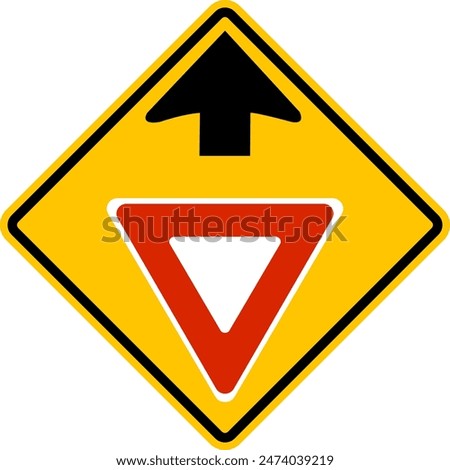 Sign yield. Road sign ahead that not visible from distance. Sign give way. Reduce speed and give way to other vehicles. Caution, intersection. Warning yellow diamond road sign.