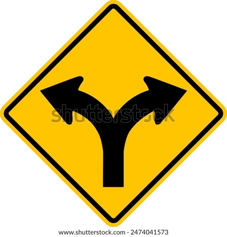Sign fork in the road. Road fork point. The road splits. Warning yellow diamond road sign. Turn left or right. Rhombus sign.