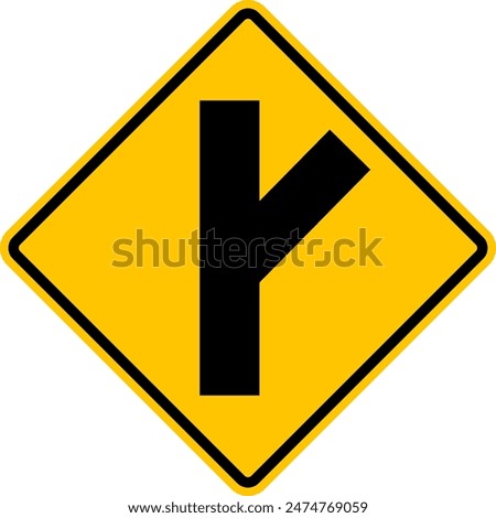 Unregulated intersection with an adjacent road. From right side. Sign for merging road on right side. Road junction. A junction where one street or road intersects another. Warning yellow sign.