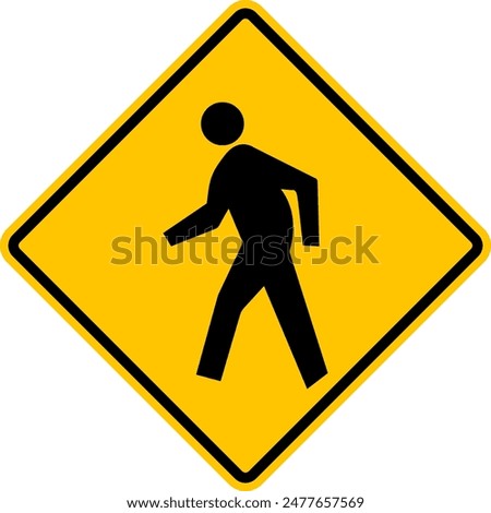 Pedestrian crossing sign. Pedestrians have priority when crossing the road. Yellow diamond shaped warning road sign. Road sign rhombus. Crossing point of a road, street, highway.