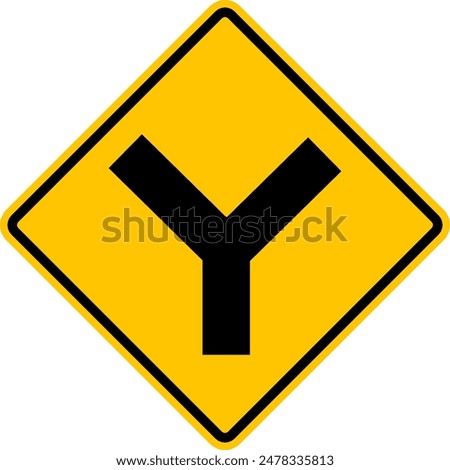 Sign fork the road. The road splits. Warning yellow diamond road sign. Turn left or right. Rhombus road sign.