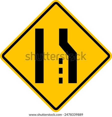 Road narrowing sign on the right. The road narrows. There will be fewer lanes ahead. The right line ends. Warning yellow diamond road sign. Rhombus road sign.