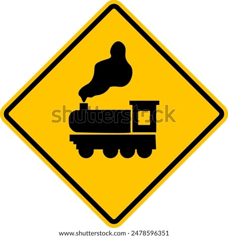 Railway crossing sign. Warning yellow diamond road sign. Diamond road sign. Rhombus road sign. Be careful, train, locomotive. Intersection with the railway. 