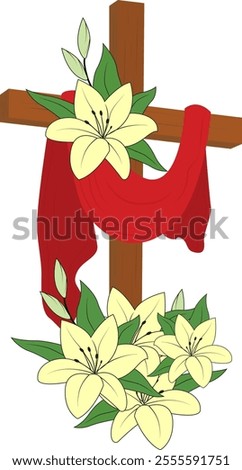 Good friday. Cross religious symbol. Crucifixion and resurrection Jesus Christ. Cross with lilies.