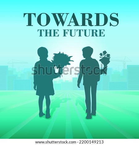 First-graders silhouettes go to school with backpacks and flowers on September 1 in a field, a city under construction and sunlight in the distance. Towards the future. Concept.Vector illustration.