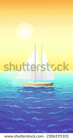 A ship with three sails or a yacht is sailing on the sea waves with highlights against the background of the setting sun and sunset. A three-masted ship. Vertical background. Vector illustration.