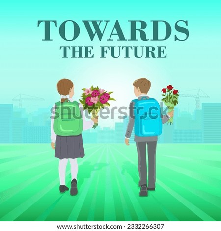 First-graders go to school with backpacks and flowers on September 1 in the field, away from the city under construction and the light from the sun. Towards the future. Concept.Vector illustration.