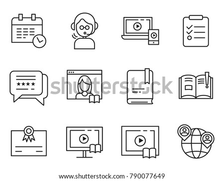 Simple online webinar and masterclass line icons set. Line vector illustration