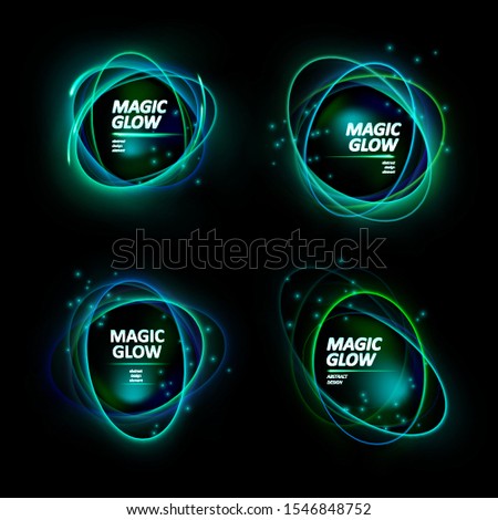 Magic light effects. Illustration isolated on dark background. Mystical portal. Bright sphere lens. Rotating lines. Glow ring. Magic neon ball. Abstract design logo. Vector. Eps10