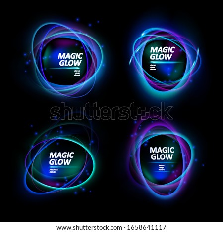 Magic light effects. Illustration isolated on dark background. Mystical portal. Bright sphere lens. Rotating lines. Glow ring. Magic neon ball. Abstract design logo. Vector. Eps10