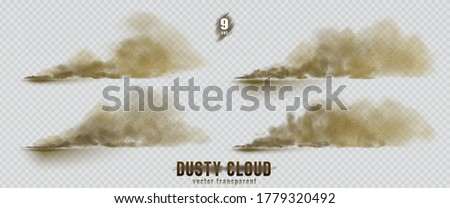 Dusty cloud or broun dry sand flying with a gust of wind, sandstorm, explosion realistic texture with small particles or grains of sand illustration 9 set isolated on transparent background. Vector