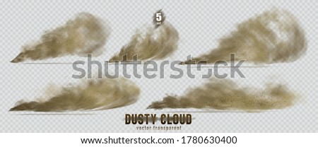 Dusty cloud or broun dry sand flying with a gust of wind, sandstorm, explosion realistic texture with small particles or grains of sand illustration 5 set isolated on transparent background. Vector