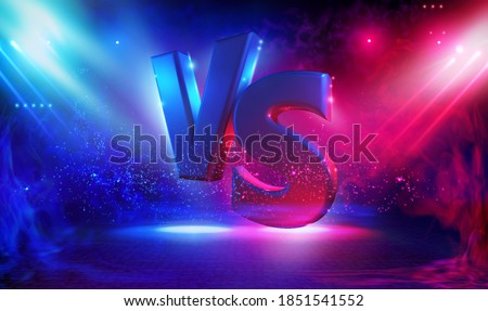 Battle vs match, game concept competitive. Illuminated stage with versus logo for sports and fight competition. Resistance symbol. Volumetric illuminated letters on a dark background. Rays of light in