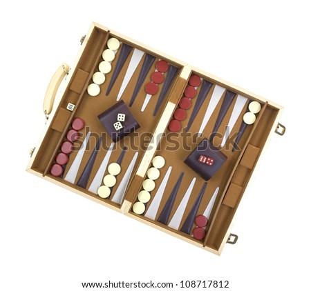 A backgammon game with pieces, dice, shakers and board on a white background.