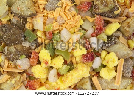 Close view of frozen packaged sausage and scrambled eggs with potatoes peppers onions and cheese.
