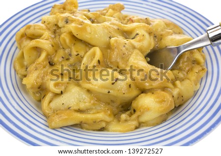 A close view of a small serving of tortellini with basil and cheese on a small plate with fork.
