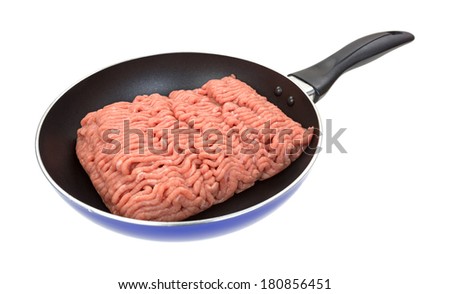 Fresh ground turkey meat in a small skillet on a white background.