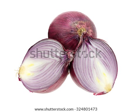 A large red onion that has been sliced in half in the foreground with a whole onion in the back isolated on a white background.