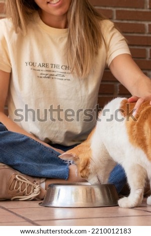 Similar – Image, Stock Photo Owner giving food to dog
