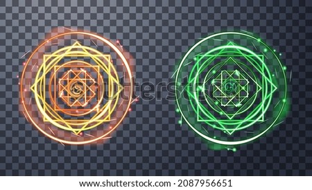 Modern magic witchcraft symbols. Ethereal fire portal sign with strange flame spark. Decor elements for magic doctor, shaman, medium. Luminous trail effect on transparent background.