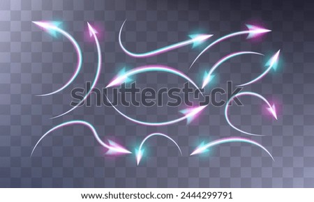 Neon multi-colored arrows, pointers with a glow on the tip. Different shapes and directions from bottom to top, reversal, curved and straight. 3d realistic VFX effects.