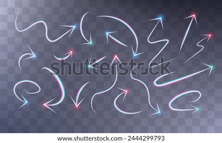 Neon multi-colored arrows, pointers with a glow on the tip. Different shapes and directions from bottom to top, reversal, curved and straight. 3d realistic VFX effects.