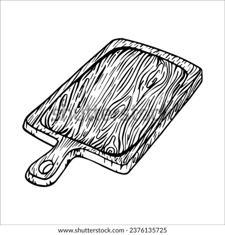 Wooden kitchen utensils, cutting board, dishes, carved wood. Vector doodling graphics. Isolated elements. Hand drawing. Design for product, cards, packaging, crafts, paper and fabric.