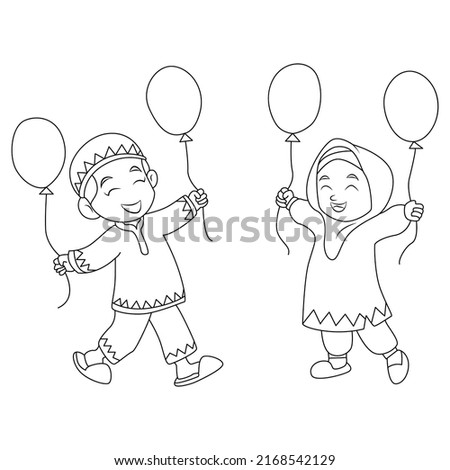 Coloring page of Muslim little girl hugging the Qur'an. Eid Mubarak coloring activities suits for kids and fit for promoting children's books on Islamic lessons. Vector format. Eid mubarak 