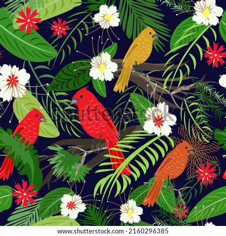 Exotic beach trendy vector seamless pattern, Hawaiian Tropical Hibiscus Flower, Leaves of palm tree and Northern cardinal birds. Tropical Summer jungle print.