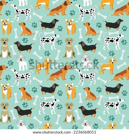 Vector seamless pattern with cute dogs, bones and paws on light blue. Cute dog breeds in different poses isolated on light blue background. Dog pattern, pet print perfect for kids textile.