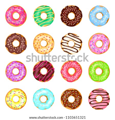 Sweet donuts set. Cute small fried cake of sweetened dough, in the shape of a ball or ring, tasty party bakery. Vector flat style cartoon illustration isolated on white background