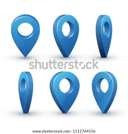 3d map pointer set. Maps pin inverted drop shaped blue icon to mark location. Vector flat style cartoon illustration isolated on white background