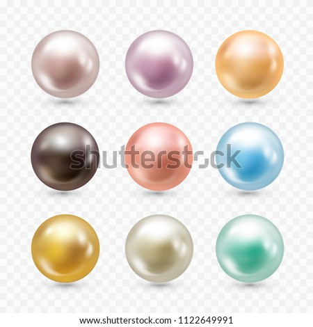 Realistic pearls set. Round white, bluish-grey, black, formed within the shell of a pearl oyster, precious gem. Vector illustration