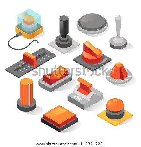 Isometric buttons vector set. isolated from background collection of various realistic buttons, levers, sliders, toggle switches in gray and red or orange colors. Isometric or 3d design.