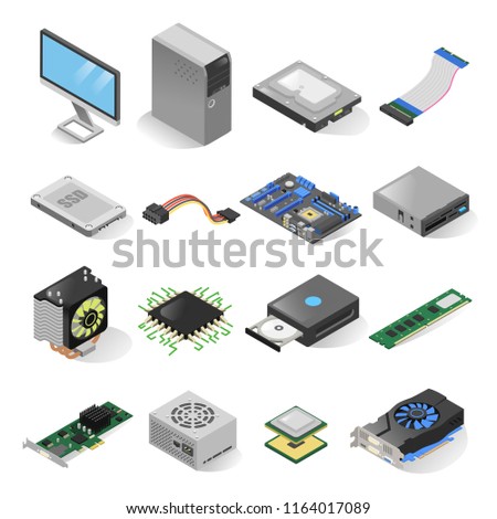 Computer parts isometric set. Inside the computer case hardware elements, hard disk drive, motherboard, video card components. Vector illustration.