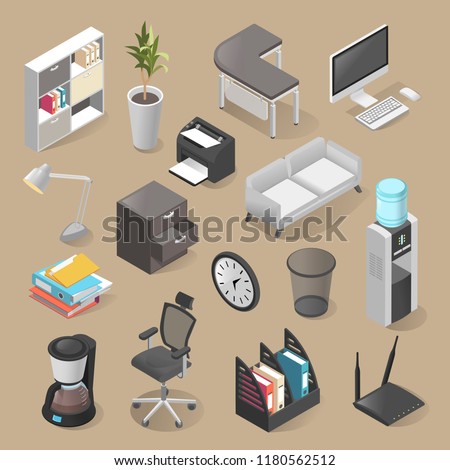 Office room furniture icon set, isometric style. Indoors design including desks, office chairs, printer stands. Vector 3D illustration office tools.