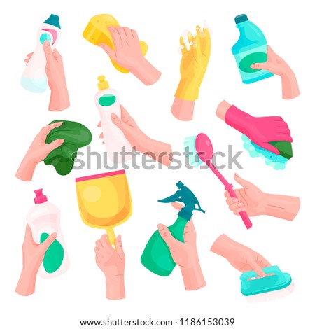 Women's hands with cleaning tools and cleanser rag. Wet mop with a sponge absorbent, whisk broom, small short-handled broom. Vector illustration human hands isolated from background