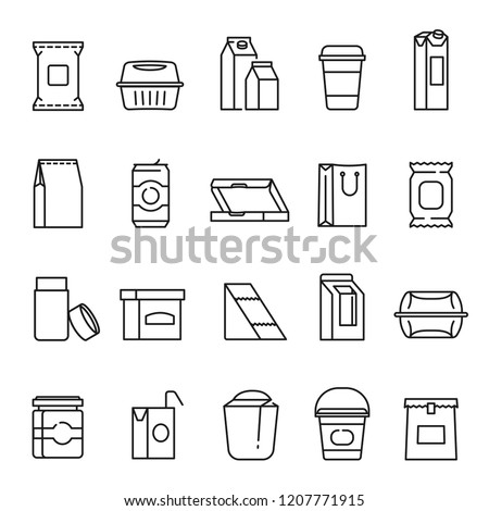 Food packaging symbols, line art icon set. Containers, packaging materials for processed and raw foods, beverages. Vector line art illustration on white background