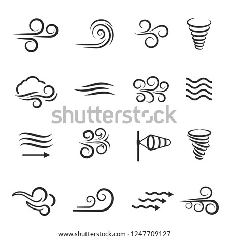 Wind weather and environment, nature icon set. Natural movement of the air symbols. Vector line art illustration isolated on white background