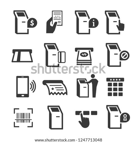 Kiosk terminal related with interactive display icon set. Computer terminal with touchscreen. Vector line art illustration isolated on white background