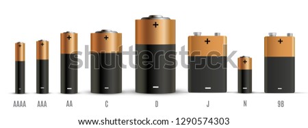 Alkaline batteries realistic style set of different size. Primary battery for personal power sources. Vector illustration