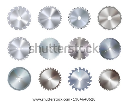 Circular disk equipment and sharp saw blades. Round iron tool, industrial circle device. Vector illustration on white background