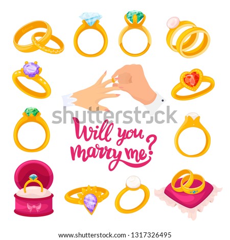 Gold wedding wing, will you marry me text. Ring given by one partner to the other during a marriage ceremony. Vector flat style cartoon illustration isolated on white background
