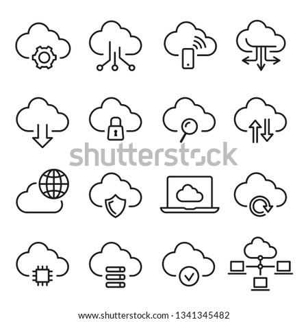 Cloud computing icon set, information and database. Networking business design. Vector line art illustration isolated on white background
