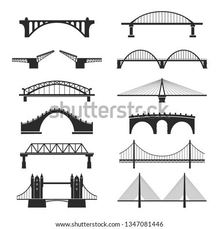 Bridge urban construction set, city landmark view. Transportation structure. Vector bridge illustration isolated on white background