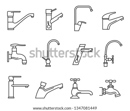 Faucet icon set, water tap for sink. Device to control the flow of liquid. Vector line art illustration isolated on white background